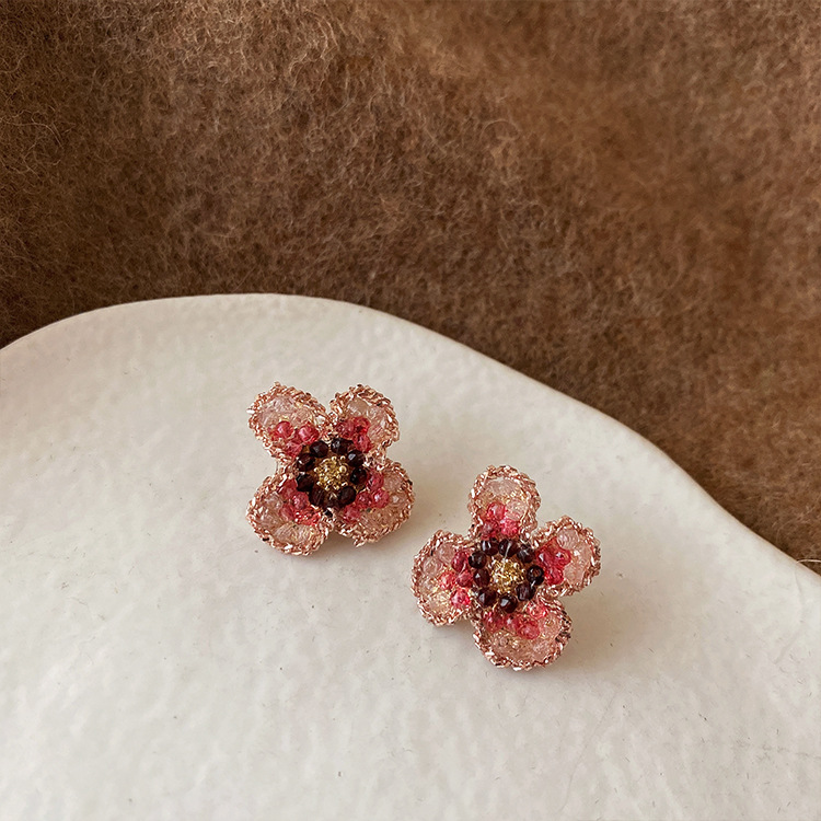 Niche design pink zircon crystal flower earrings female retro personality all match temperament earrings