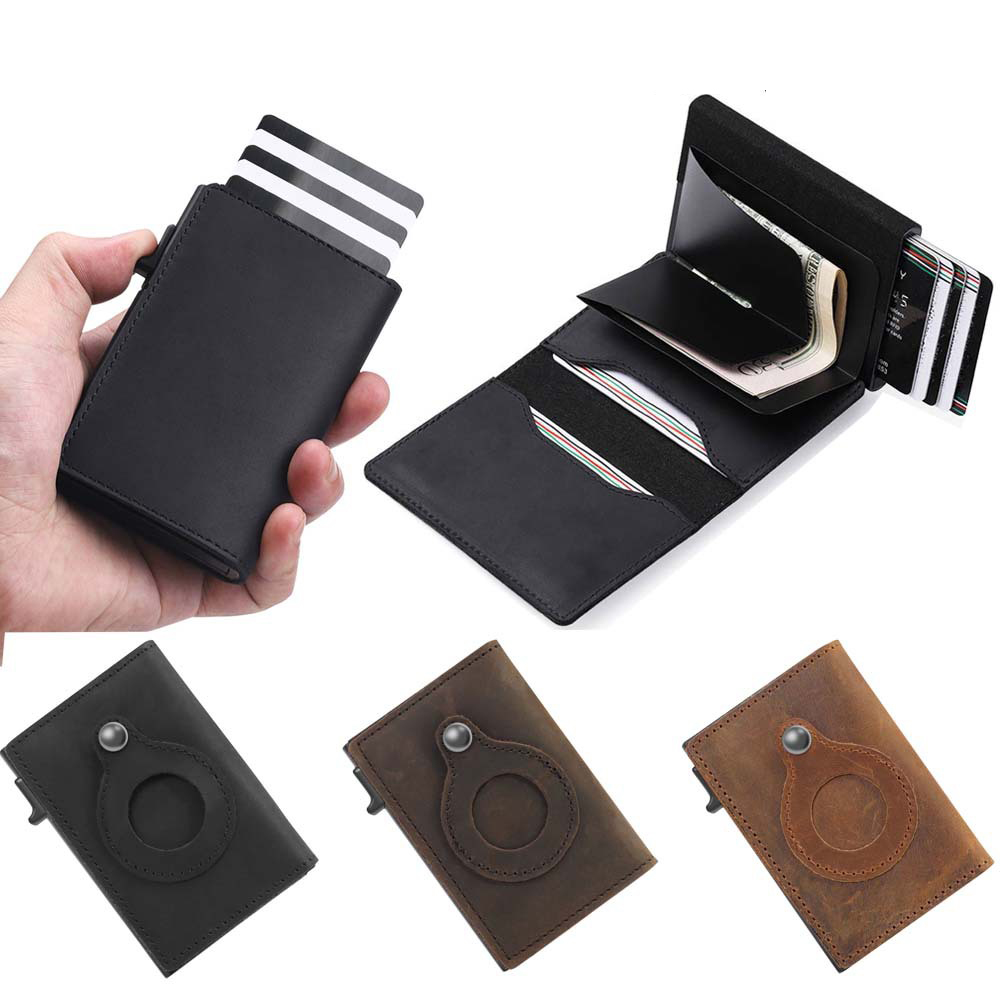 Leather Sliding Wallet Bi-Fold Credit Card Wallet Automatic Pop-Up Card Holder With Air Tag Protective Sleeve