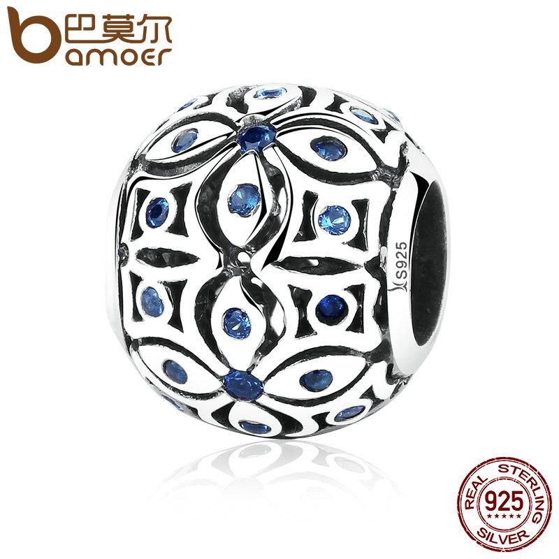 BAMOER 925 Sterling Silver Charms With Blue Crystals Bead Charm fit Bracelets Bangles SCC059