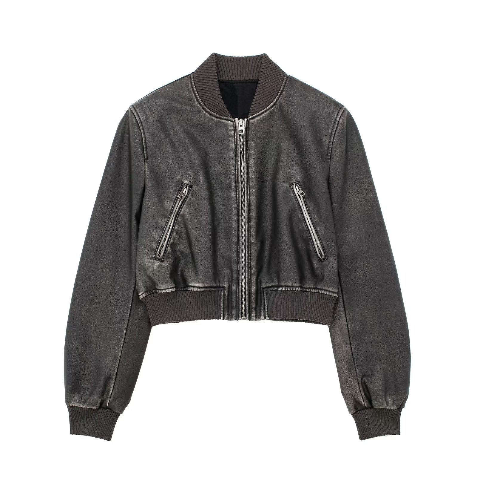 Women Fashion Long Sleeve Zipper Leather Bomber Jacket