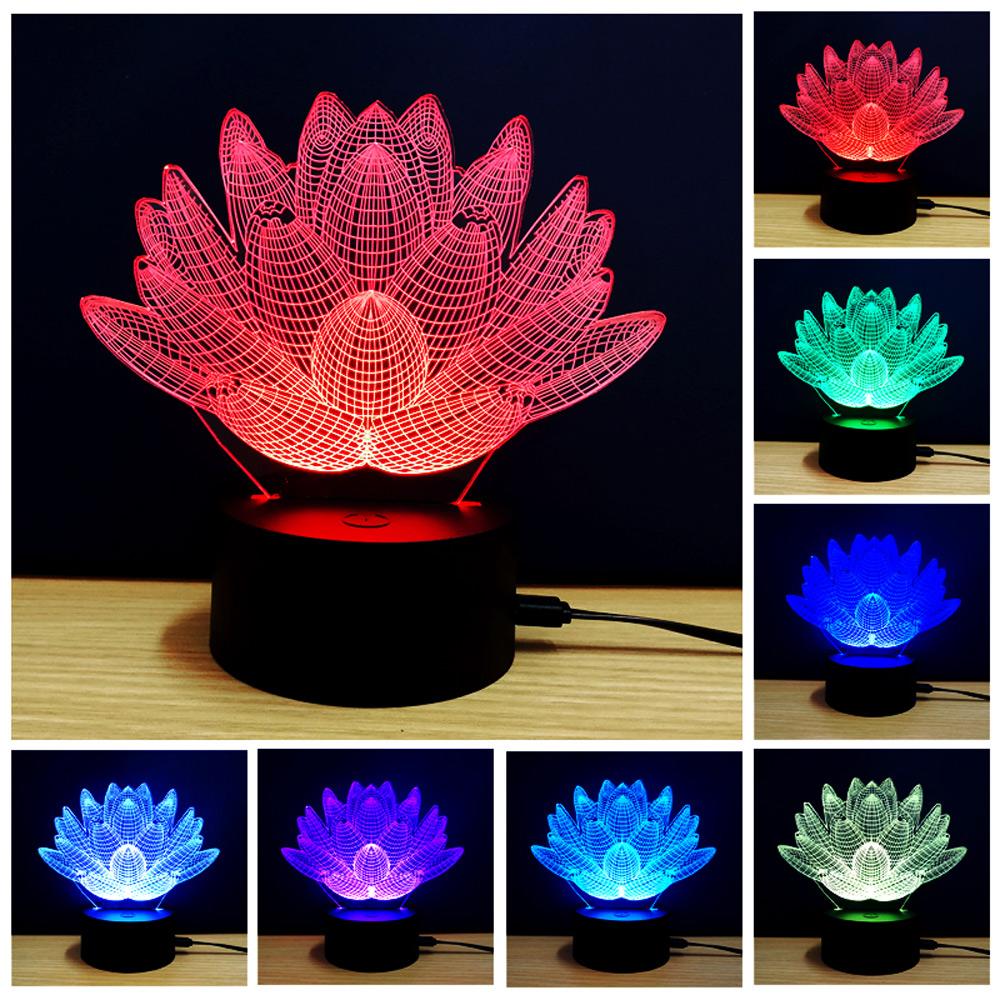 Creative Lotus Design Rechargable 3D Colorful Lotus Model LED Table Lamp with USB Desk Light Room Decoration