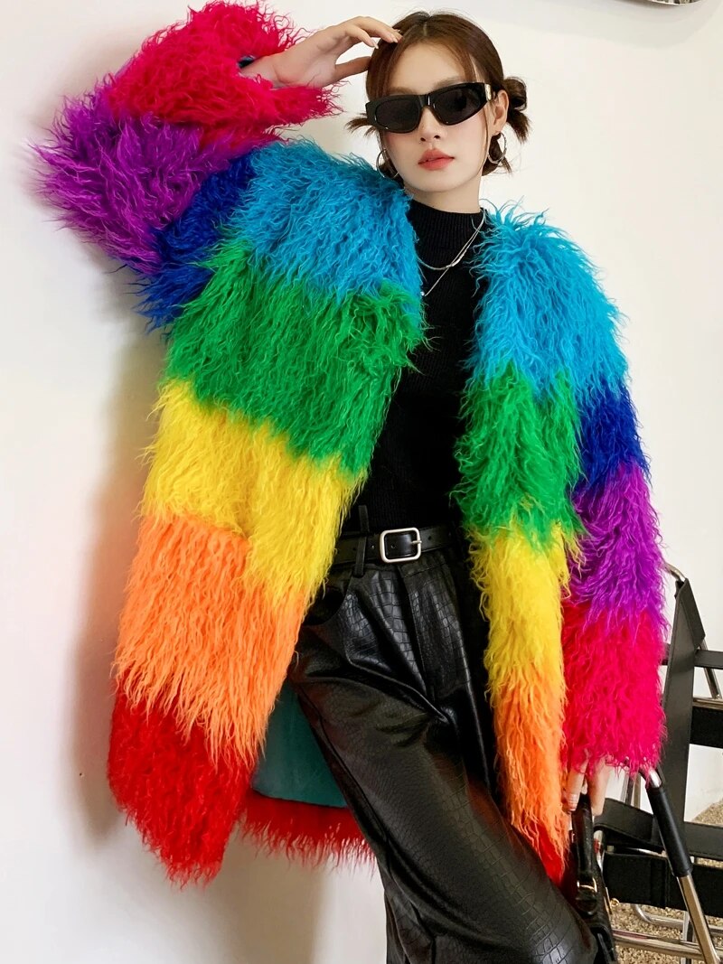 Niche Rainbow Winter Faux Fur Coat Loose