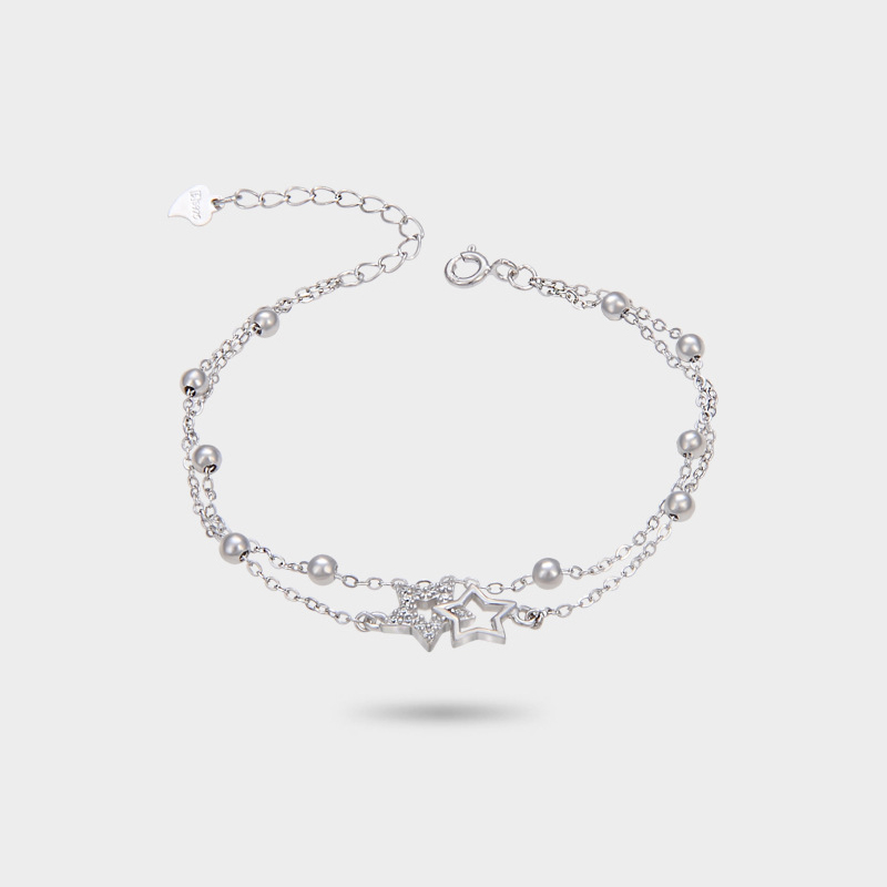 S925 Sterling Silver Bracelet Female Five-Pointed Star Diamond Silver Bead Double-Layer Bracelet Temperament Jewelry