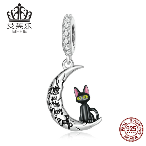 Avele Sterling Silver S925 Moon Black Cat Pendant Bracelet Black Drop Oil Zircon Cute Animal Crescent Pendant