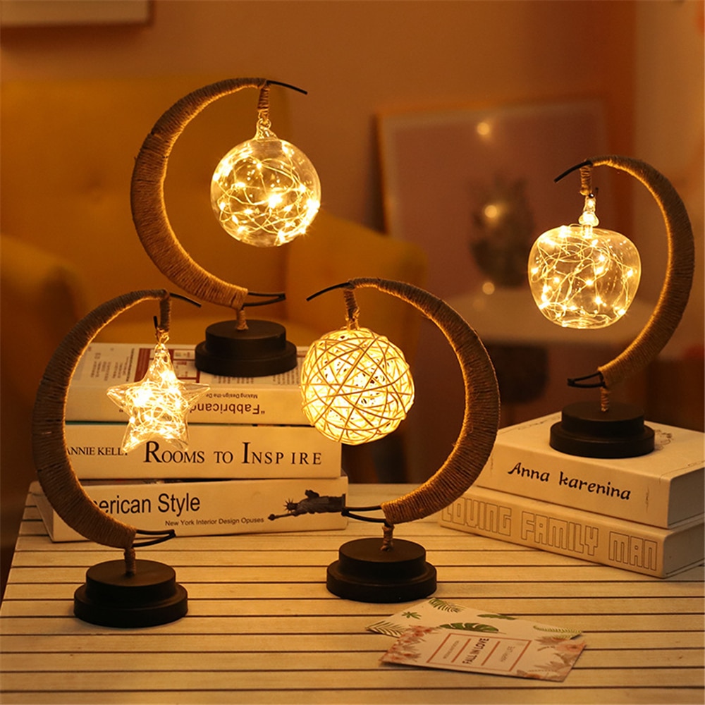 Led Star/Moon/Apple/Sepak Takraw Christmas Gifts Fairy String Lights Handmade Hemp Rope Night Lamp For Party Kid Room Decoration