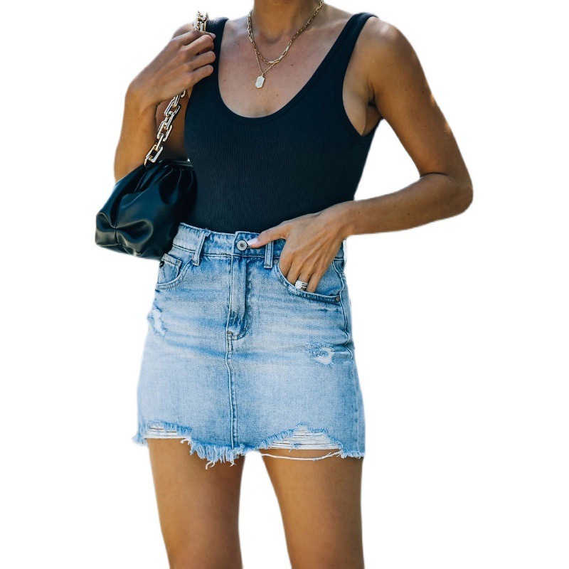 Women’s Mini Denim Skirt High Waist Vintage Fashion Korean Slim Straight Summer Sexy Ripped Raw Short Skirt