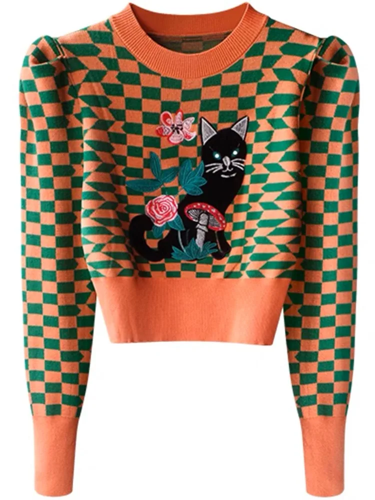 Cartoon Cat Embroidery Knitwear Women’s Autumn/Winter Plaid Bubble Sleeve Casual Short High Waist Pullover Top