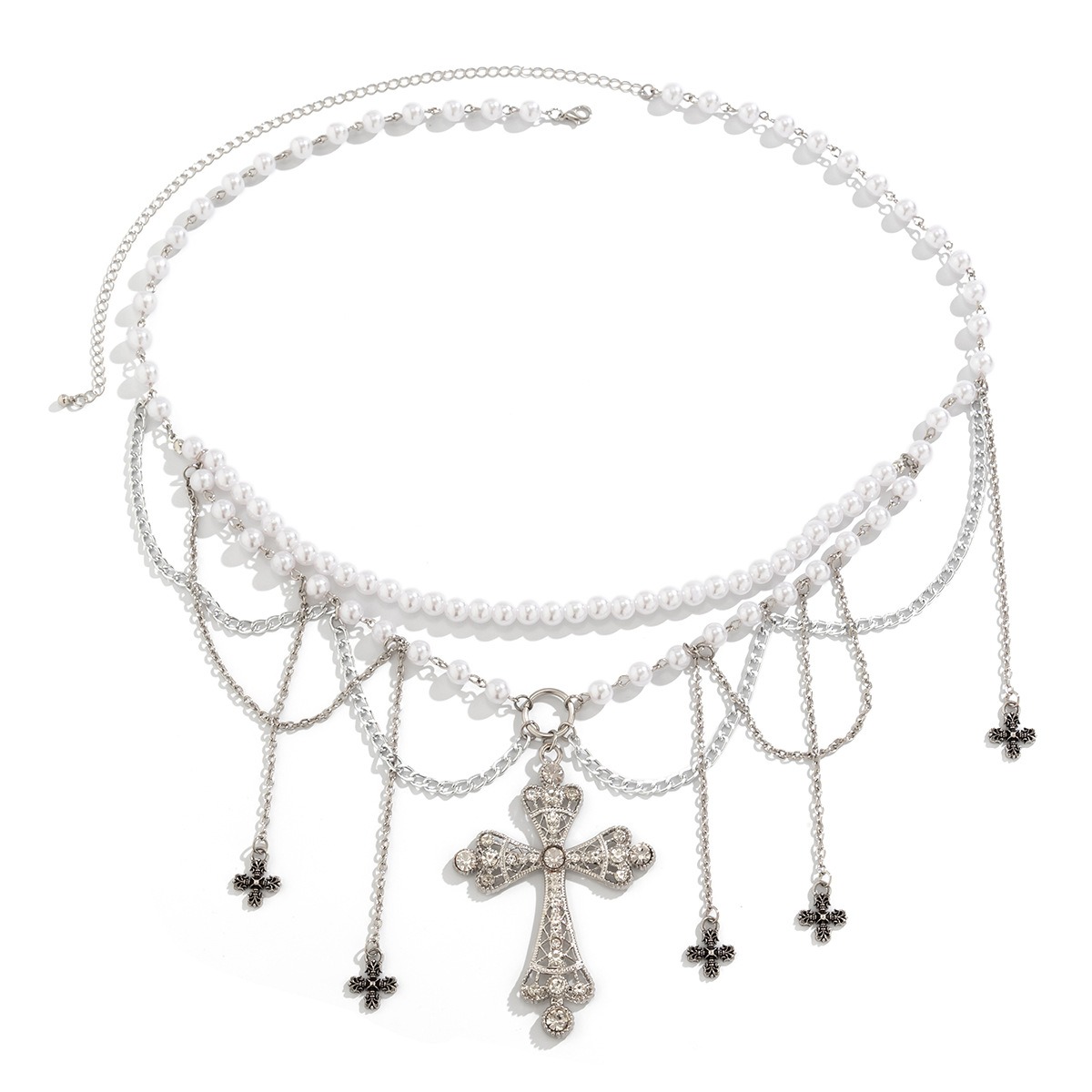 Cross tassel waist chain, female decorative body chain, imitation pearl retro beaded waist chain