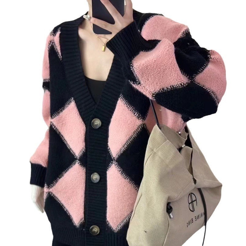 Winter contrasting color cardigan sweater