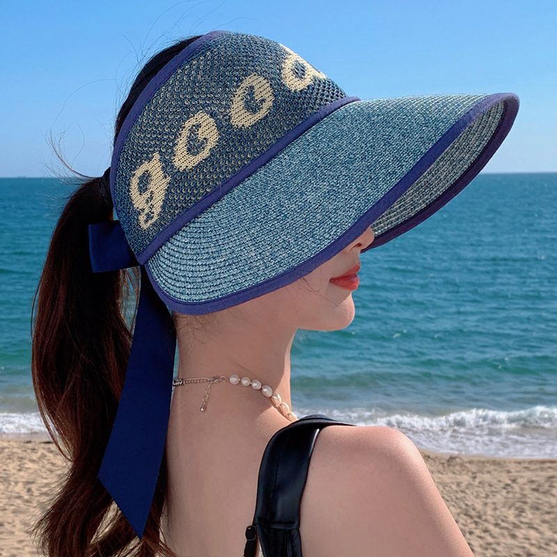 Straw Hat Women’s Spring And Summer New Good Letter Big Edge Empty Top Hat Seaside Sunscreen Beach Hat Foldable Sun Hat