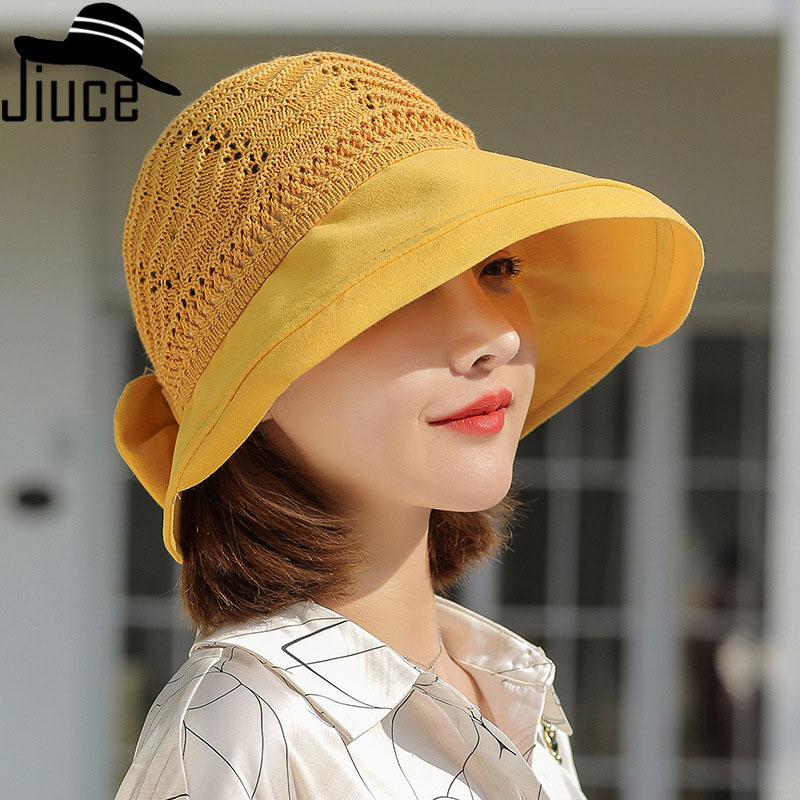 Summer Outdoor Sunscreen Corrugated Big Edge Empty Top Hat Women Folding Sunscreen Sun Hat Bow All-Match Sun Hat