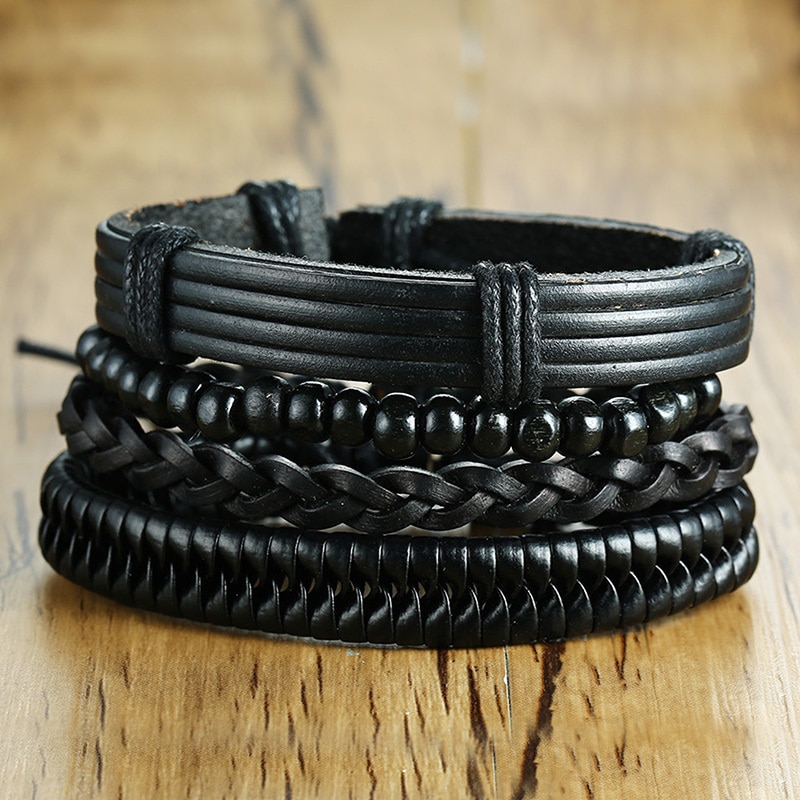 4pcs/ Set Black Bracelets for Men Bangle Adjustable Length Bohemia Holiday Male Jewelry Punk Pulseira