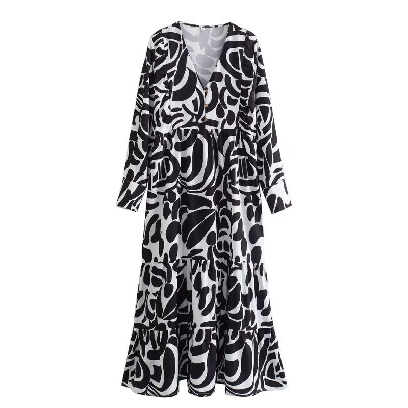 Fashion Midi Loose Dress Vacation Deep V Neck Long Sleeve Female Long Dresses