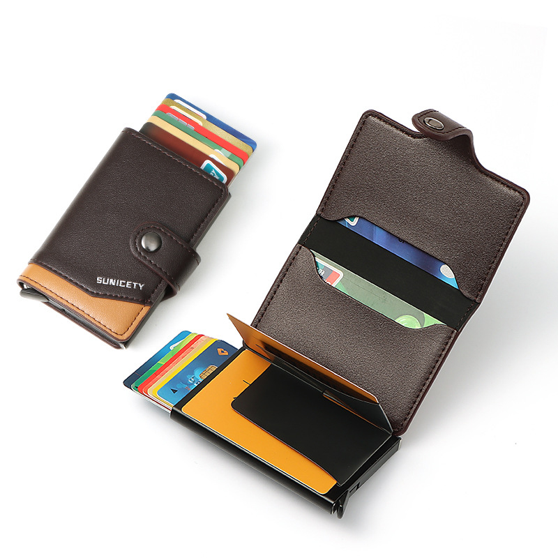 Metal Aluminum Case Automatic Pop-up Card Holder Women PU Card Case RFID Credit Card Case Leather Men’s Wallet