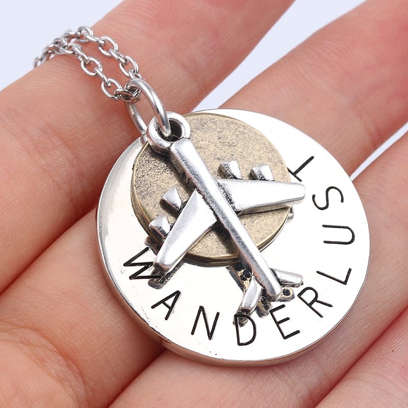 Unique Design Aircraft Airplane Necklace Vintage High Quality Round Lettering WANDERLUST Travel Pendant Necklaces For Women