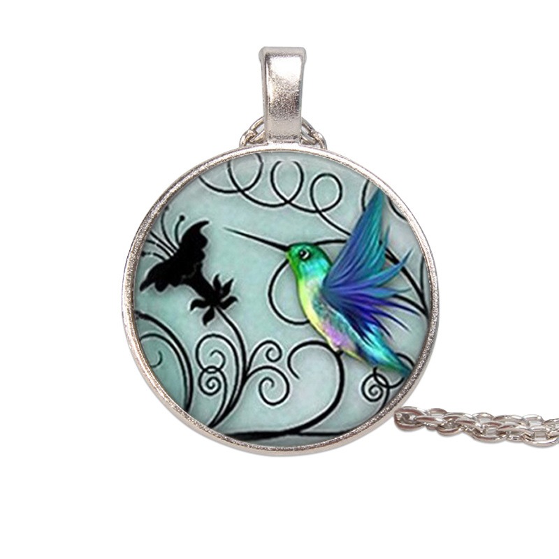 New Creative Blue Hummingbird Time Gemstone Necklace Glass Pendant Sweater Chain
