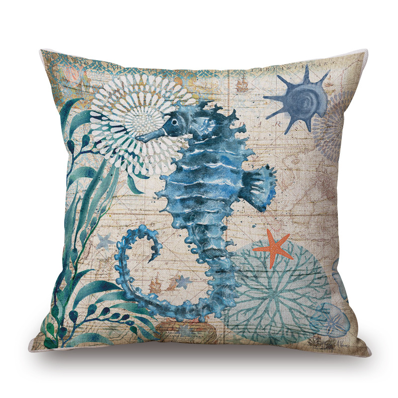 Miracille Sea Turtle Printed Cotton Linen Cushion Cover Marine Ocean Sea Horse Home Decor Pillowcase Octopus Sofa Cushion Case