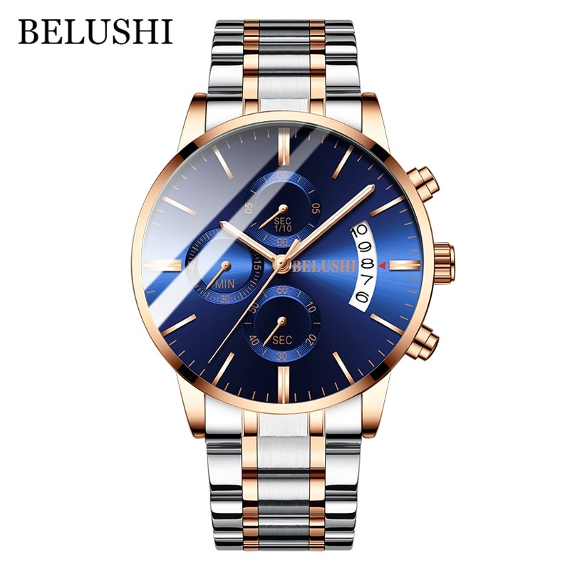 BELUSHI Fashion Men’s Quartz Watch Chronograph Sport Men Watches Top Brand Luxury Full Steel Waterproof Clock Male Wristwatch