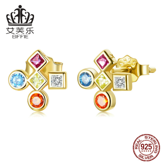 EIFFIE Original Colorful Cross Sterling Silver S925 Earrings Female Color Zircon Fashion Popular Earrings