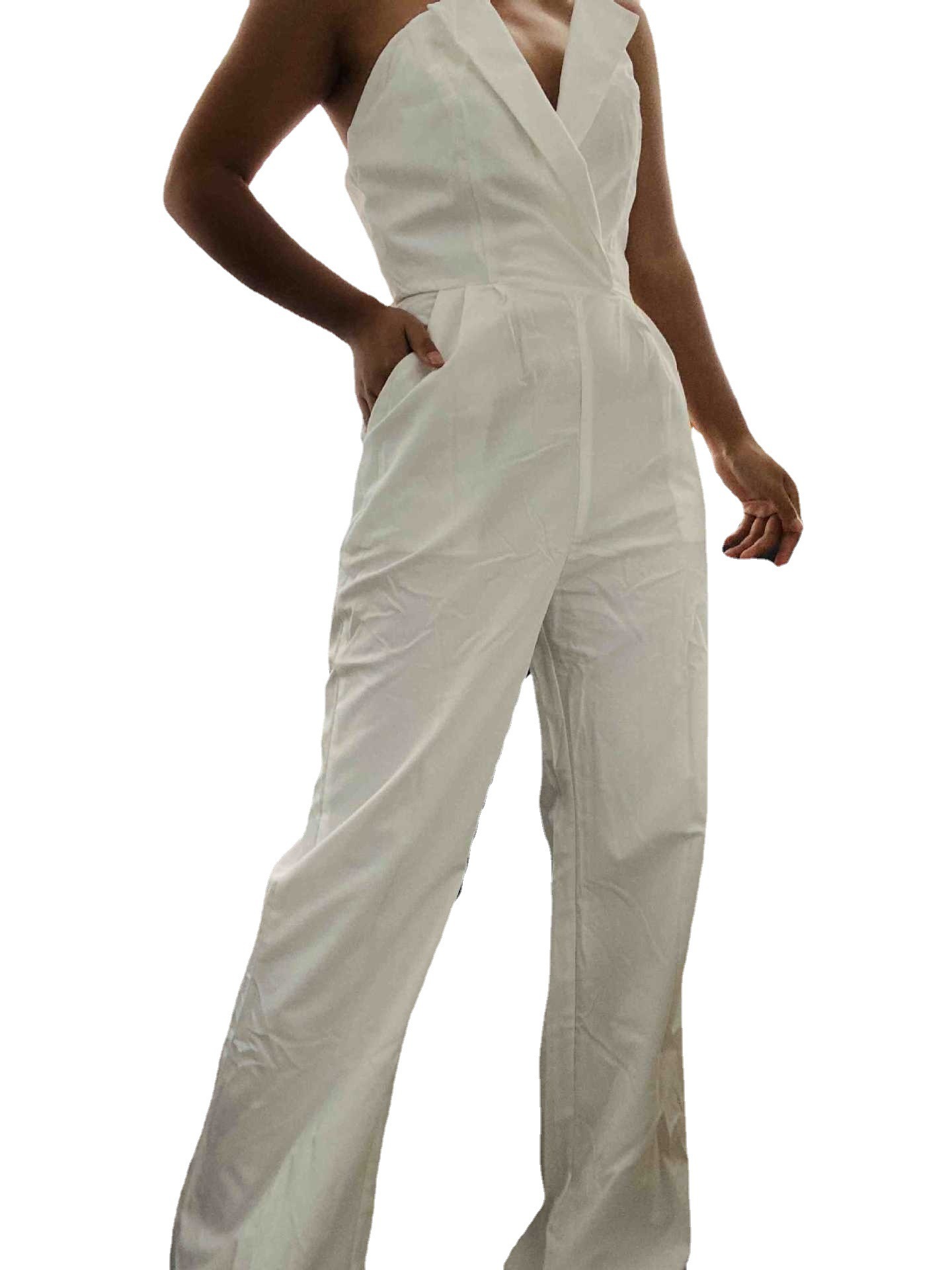 Jumpsuit with slanted collar and mid waist for a stylish commuting jumpsuit