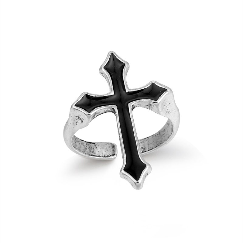 1PC Vintage Black Big Cross Open Ring For Women Party Jewelry Men Trendy Gothic Metal Color Finger Ring Anillo R58-1