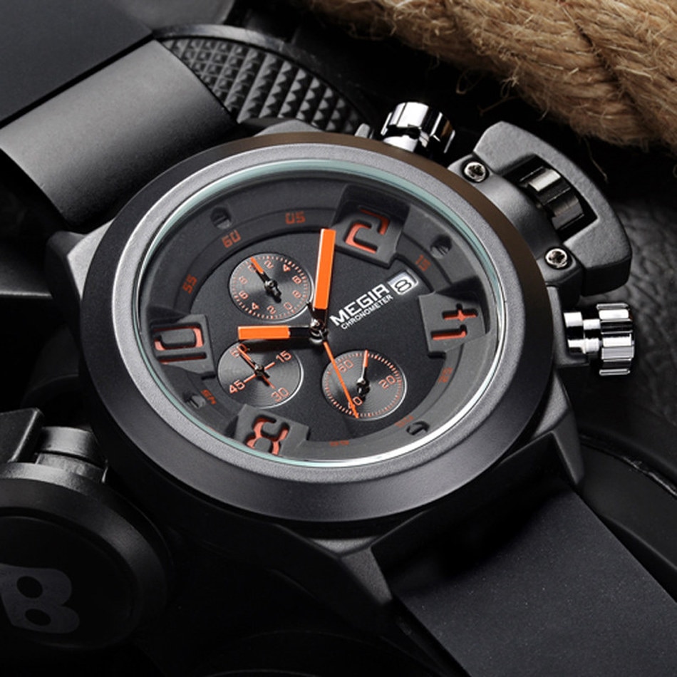 MEGIR Men’s Casual Quartz Watch 3D Engraved Dial Black Silicone watches men Waterproof Military Sport Watch