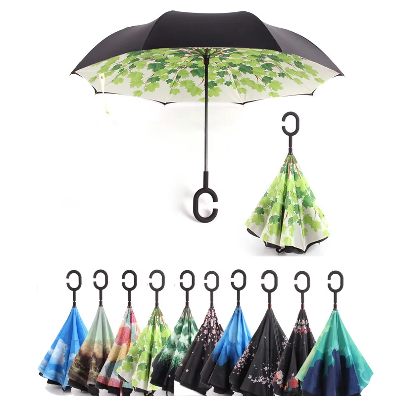 C Handle Windproof Reverse Folding Umbrella Man Women Sun Rain Car Inverted Umbrellas