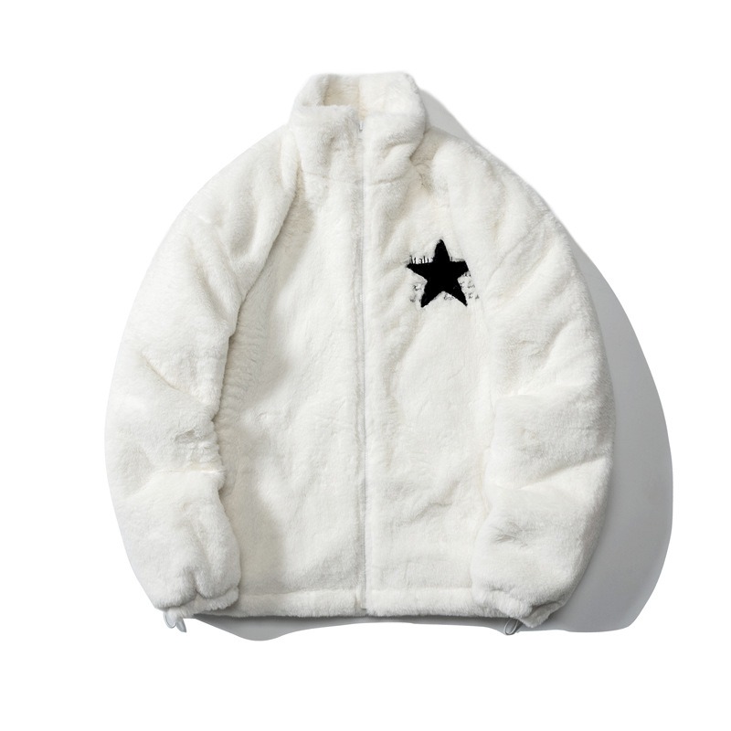 American five pointed star imitation rabbit fur cotton coat for men in winter loose Hong Kong style plus velvet and thickening