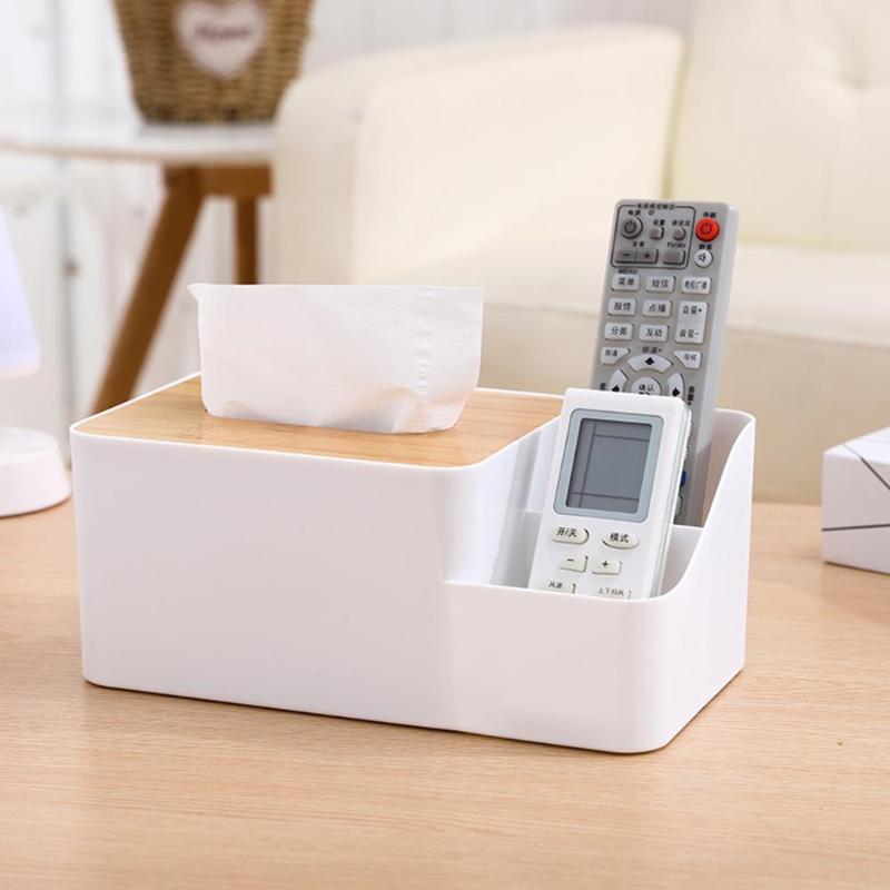 Multi-functional Plastic Tissue Box with Bamboo Wooden Cover Phone Slot Home Kitchen Napkin Case Holder Storage Decoration