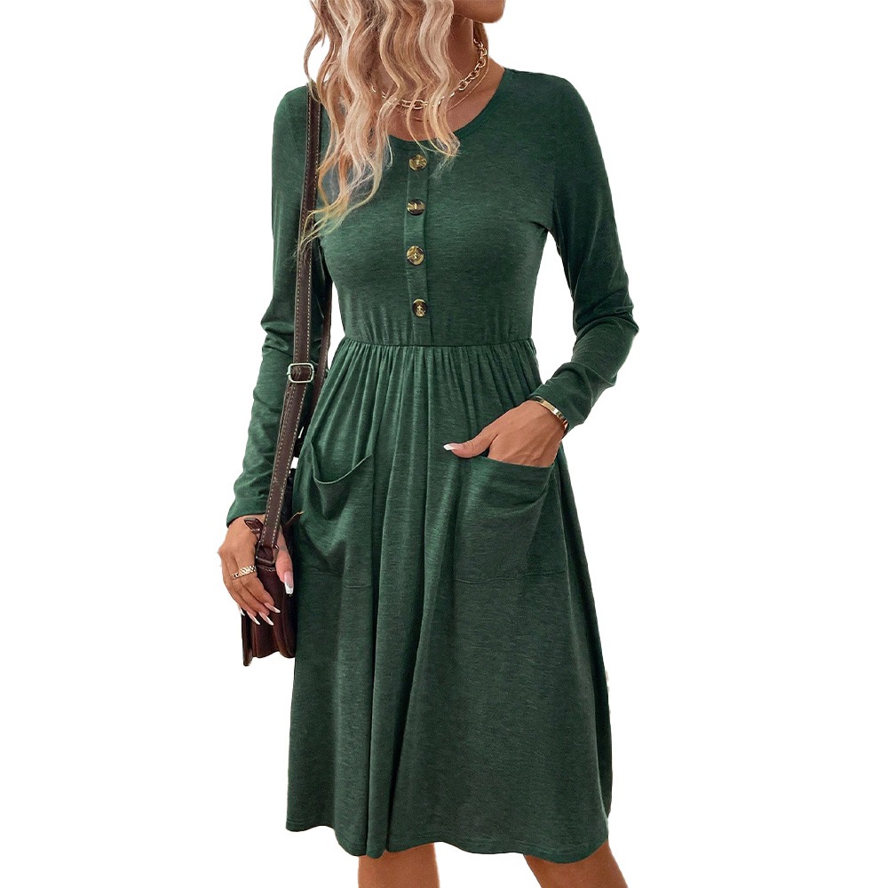 Waist collection round neck A-line skirt button pocket knitted long sleeved dress