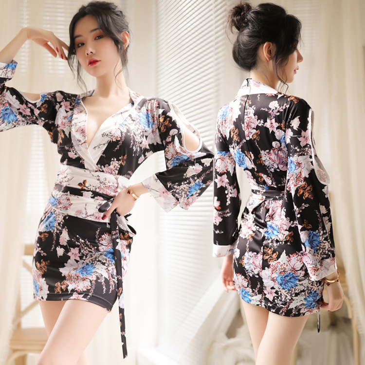 Sexy Lingerie Low-Cut Retro Japanese Print Kimono Hollow Sexy Corset Passion Suit Uniform Temptation