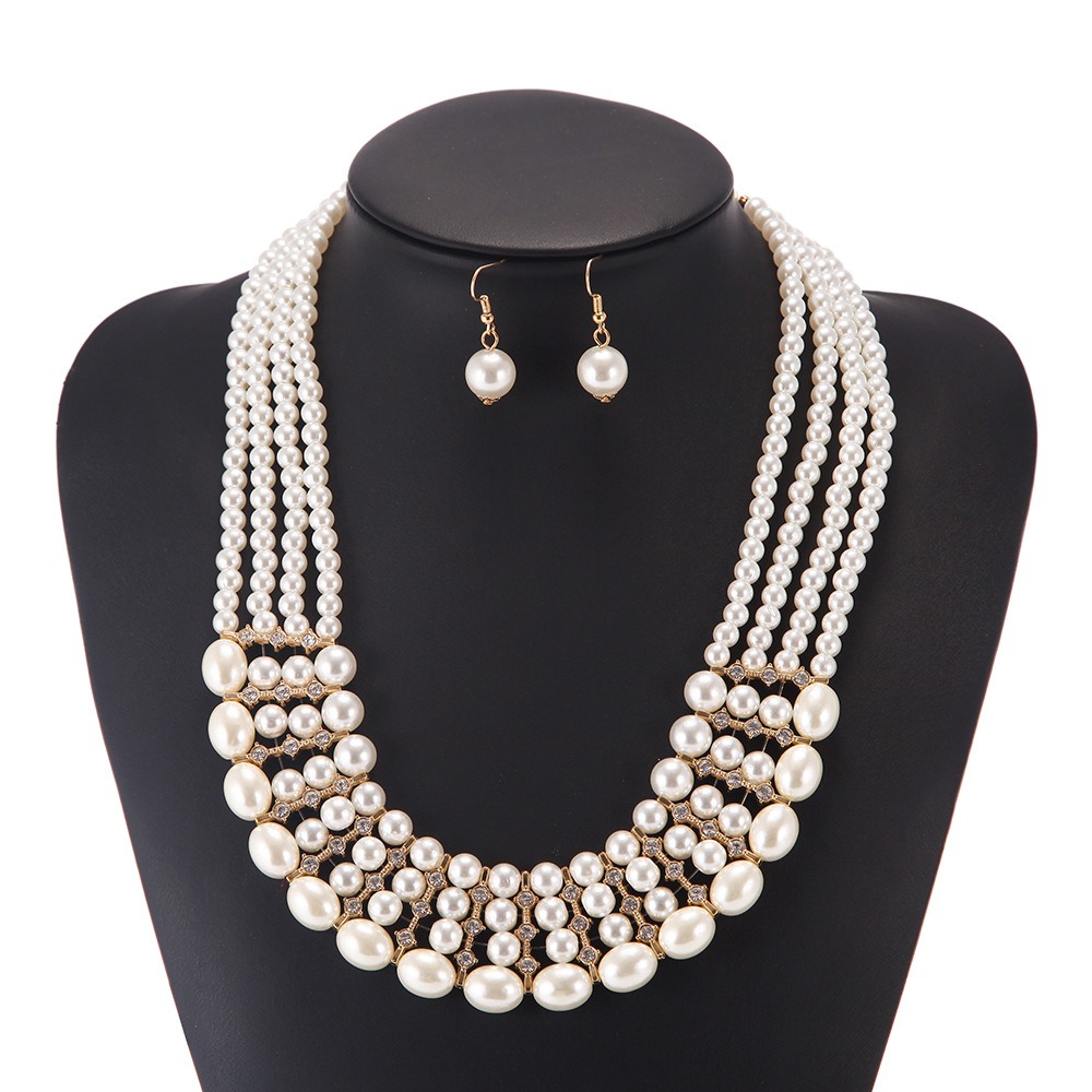 Imitation Pearl Necklace Set Multi layer Bead Necklace Ear Jewelry