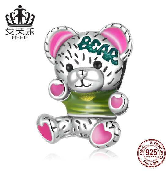 Popular Sterling Silver S925 Neon Bear Doll Beaded Bracelet Colorful Drop Oil Animal Beads SCC2231