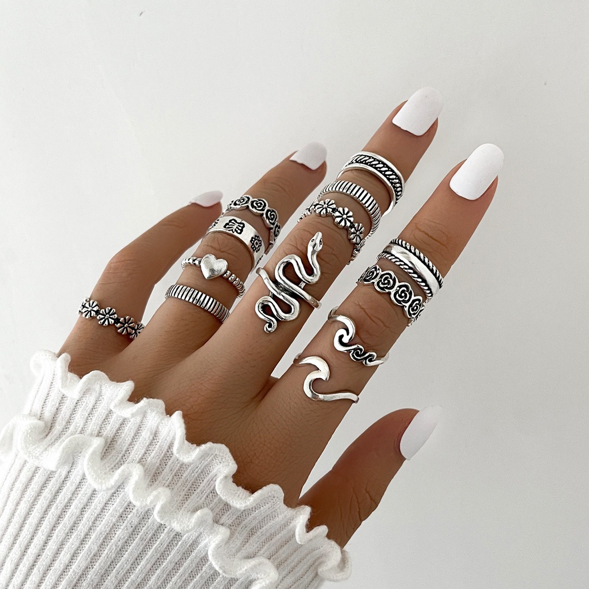 Personality Exaggeration Snake Shaped Flower Love Geometric Ring Joint Ring 13 Pcs Set