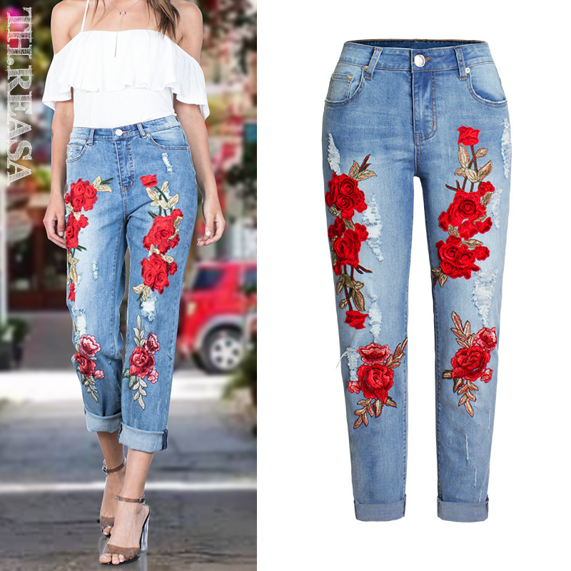 Women’s Elastic Loose Jeans Women’s Trousers Colorful Flowers 3D Three-Dimensional Embroidery Ripped Jeans