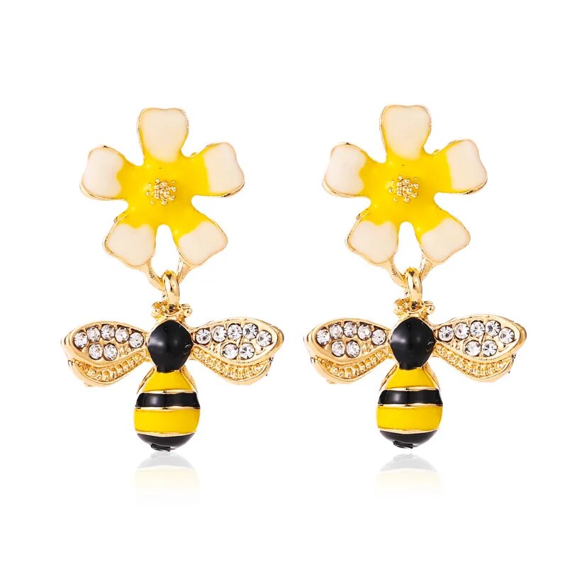 Metal Flower Bee Earrings Bright Enamel Color Post Studs Cute Fashion Jewelry Accessories Lovely New Styles Girls Gifts