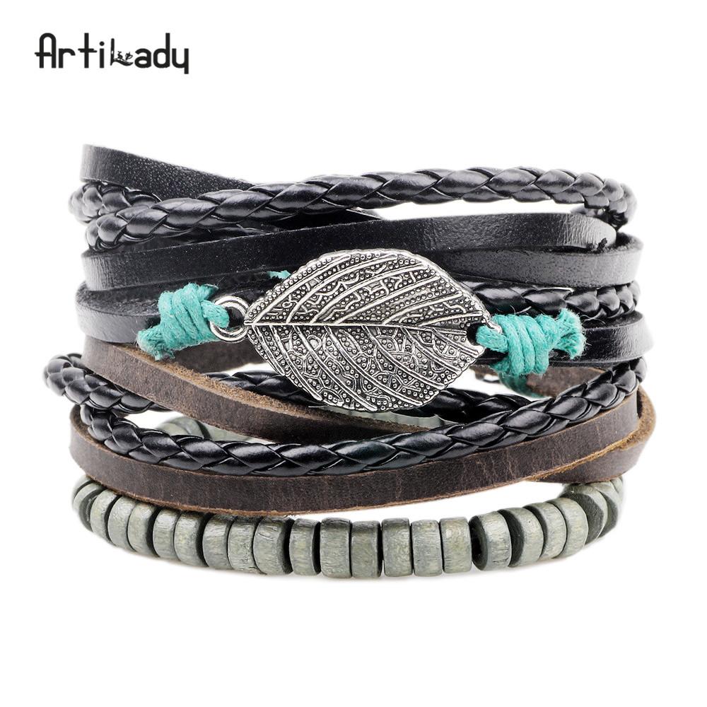 Artilady leather bracelet set 3pcs layer handmade leather bracelets