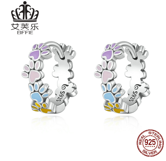 EIFFIE Original S925 Sterling Silver Color Cute Claw Earrings Dripping Oil Cute Animal Cat Dog Paw Earrings