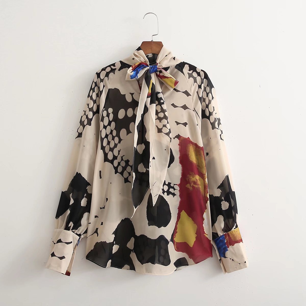 Women Fashion With Tied Bow Printed Loose Blouses Vintage Long Sleeve Asymmetric Female Shirts
