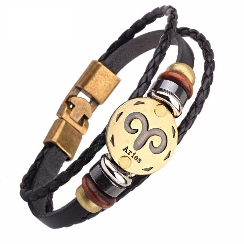 12 Horoscope Leather Bracelet Men Jewelry Vintage Retro Charm Bracelet Male Jewelry 8.2