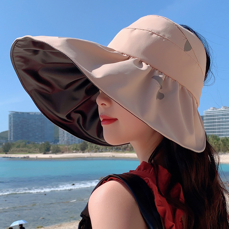 Black Glue Butterfly Velcro Empty Top Hat Female Summer Sunscreen Big Brim Hat Outdoor UV Protection Sunshade