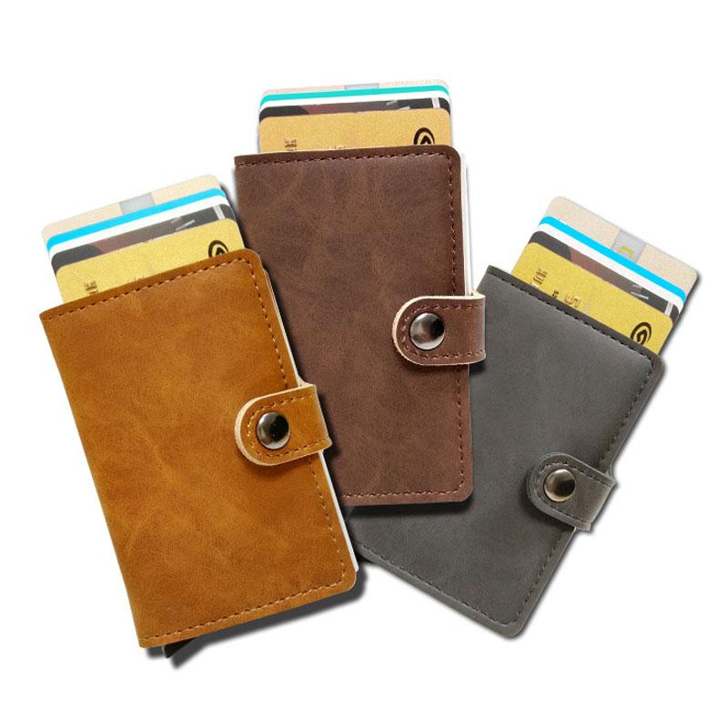 RFID Protected Vintage Automatic Leather Credit Card Holder Men Aluminum Alloy Hasp Business ID Multifunction Cardholder Wallet