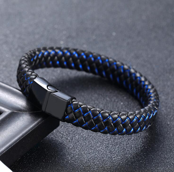 Fashion Braided Black Blue Leather Bracelet Men Stainless Steel Magnetic Clasp Charm Bangles Male Wrist Band Gifts