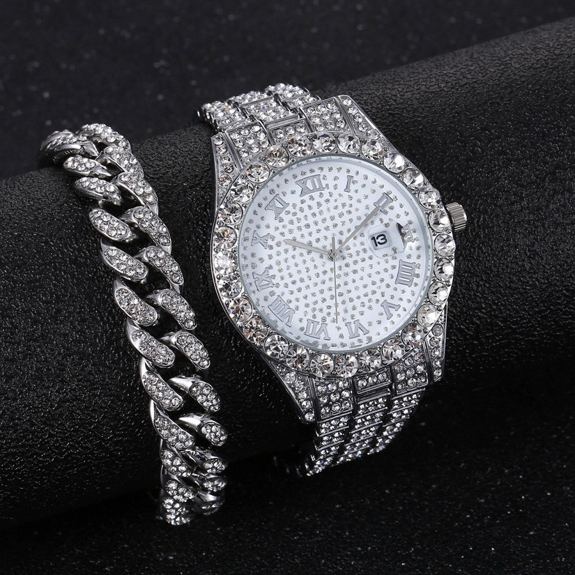 New Full Diamond Fashion Hip Hop Steel Band Watch Chain Gift Box Cuban Bracelet Fashion Gift Men’s Watch