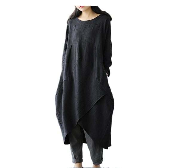 Borrowing shoulder sleeves cotton linen loose fitting dress
