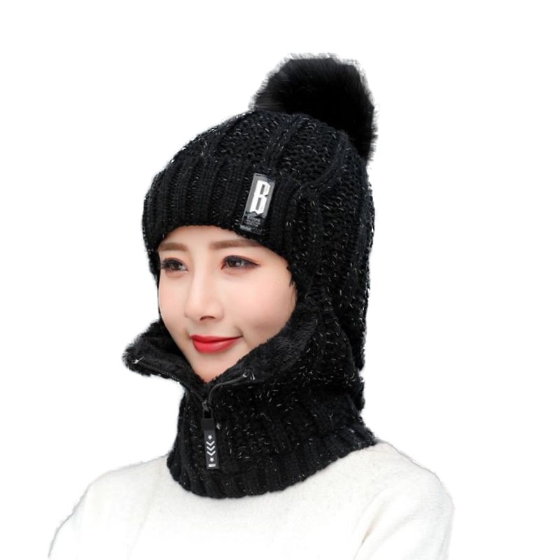 B-label knitted plush pullover ear protection hat for women with zippered neckband and warm hat