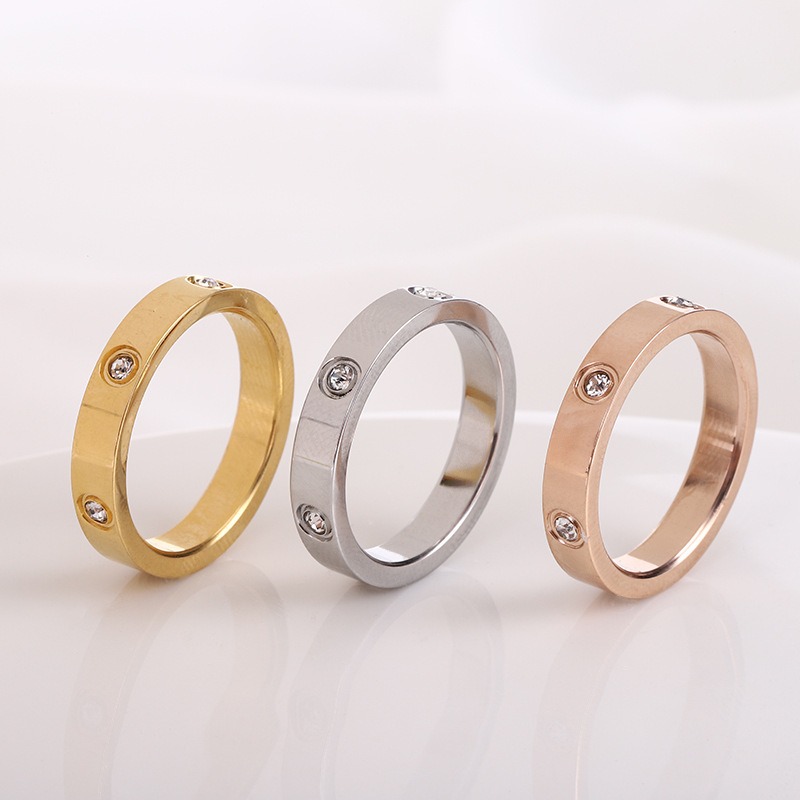 Titanium Steel Ring Classic 18K Rose Gold Diamond Free Three Full Diamond Wedding Ring for Men and Women
