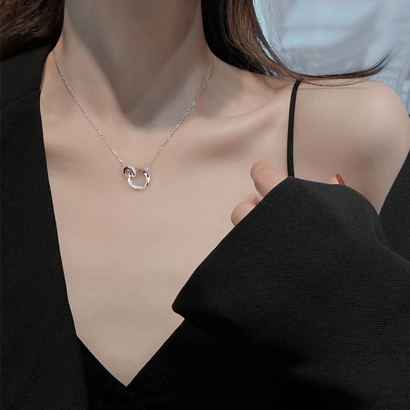 S999 Sterling Silver Double Ring Chain Necklace Female Christmas Diamond Mobius Ring Necklace Birthday Gift