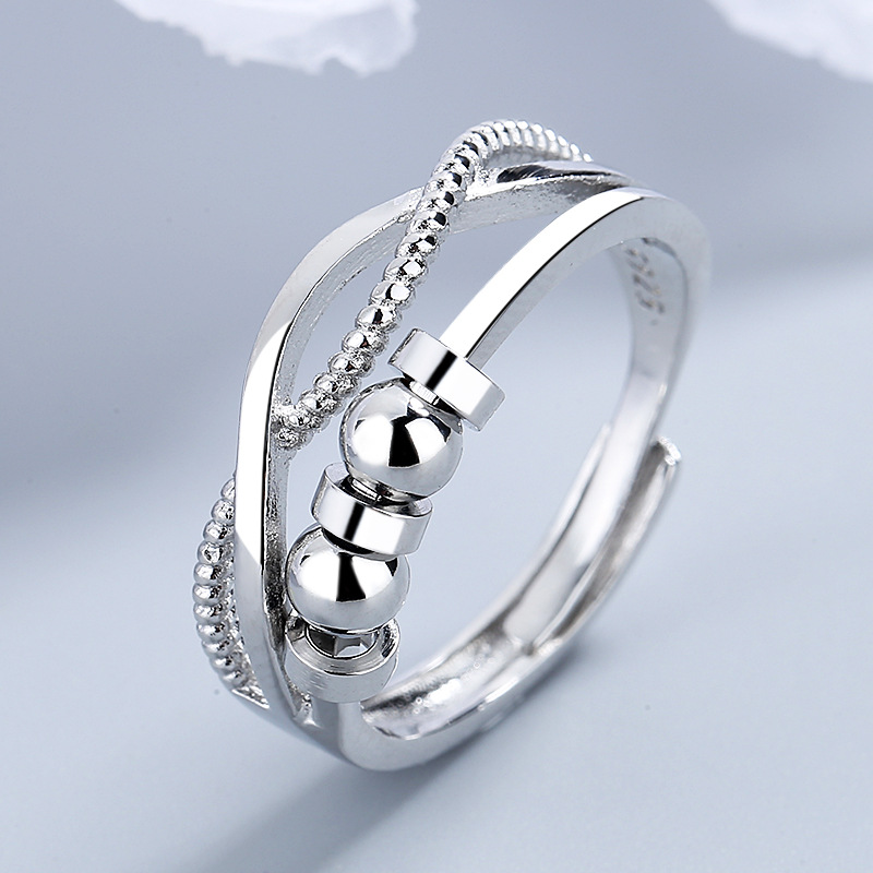 Silver Fox Fashion Decompression Personality Double Layer Niche Smart Transfer Beads Open Index Finger Ring