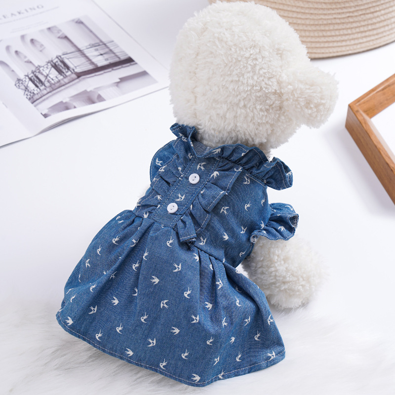 New Spring And Summer Thin Cat And Dog Small And Medium Pet Clothing Soft Denim Ruffled High Waist Cat Two-Legged Dress